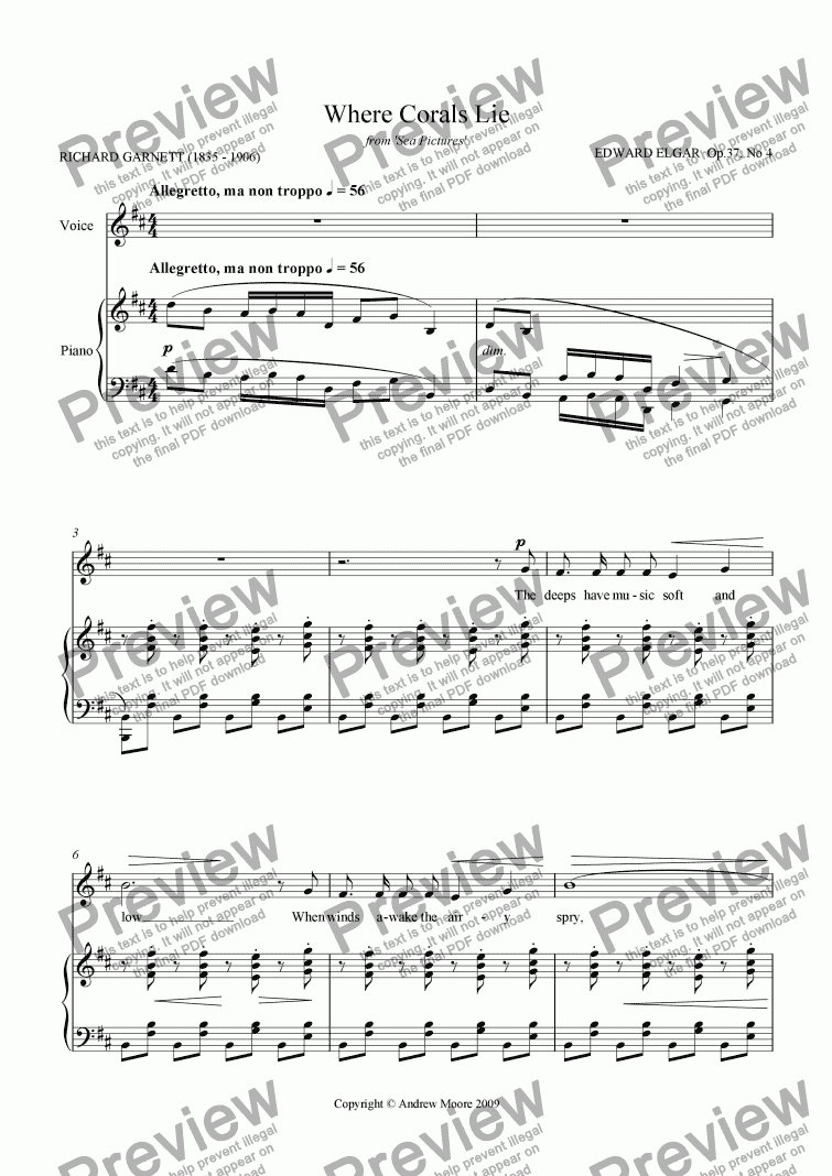 page one of ’Where Corals Lie’ for voice & piano