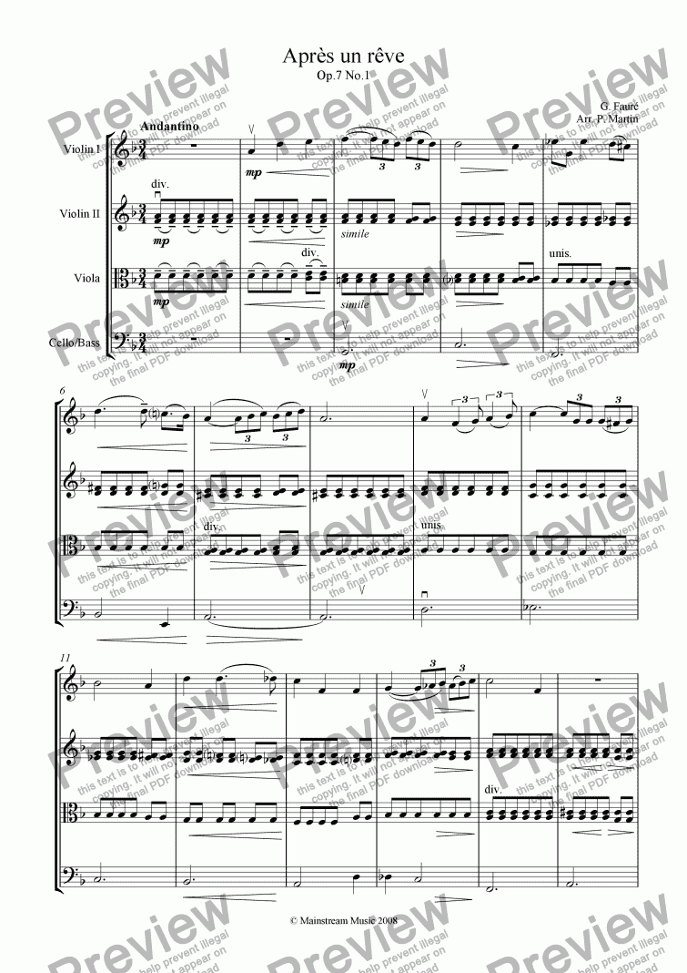 page one of Apres un reve - String Orchestra