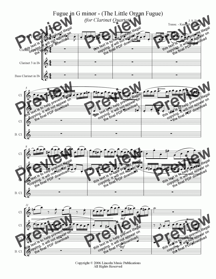 page one of Bach - Fugue in G minor - "The Little Organ Fugue" (Clarinet Quartet)