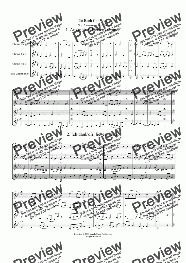 page one of Bach - Four-Part Chorales (36 in set) (Clarinet Quartet)
