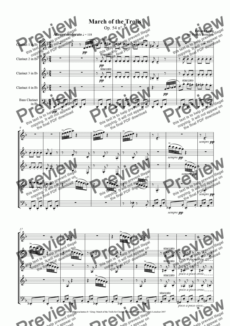 page one of Grieg: March of the Trolls (arranged for clarinet quintet)