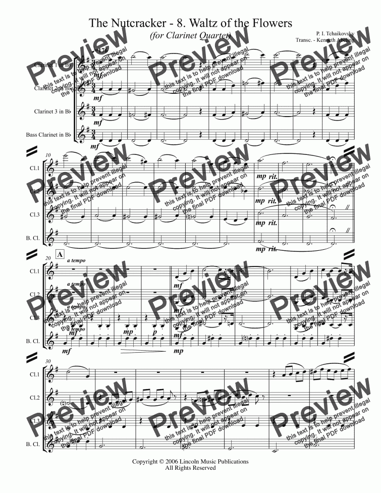 page one of The Nutcracker - 8. Waltz of the Flowers (for Clarinet Quartet)