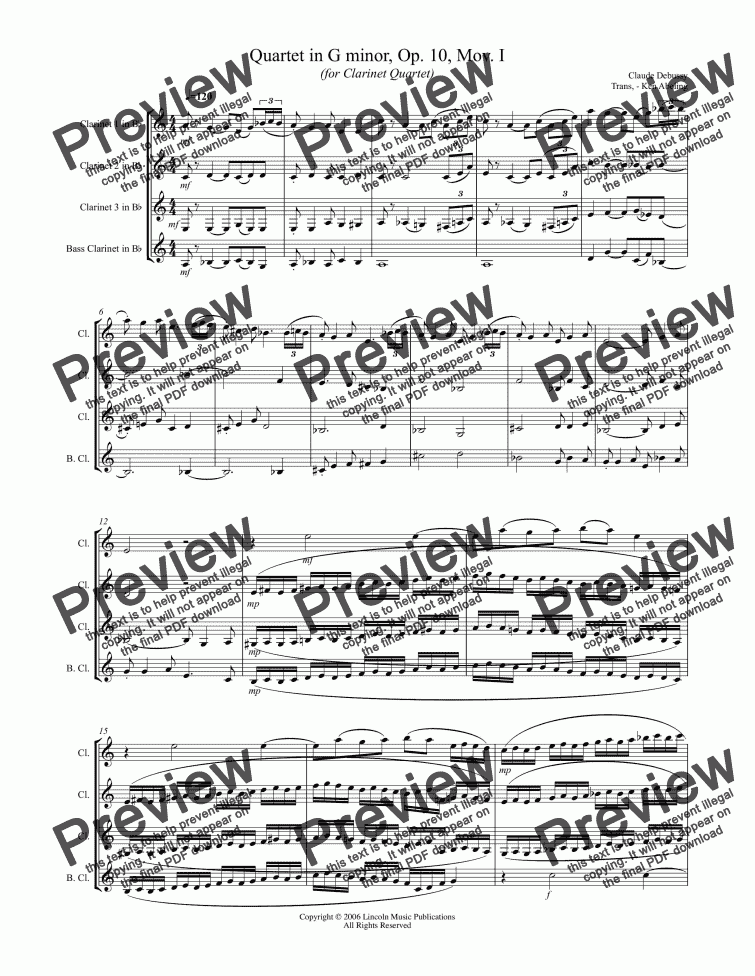 page one of Debussy - Quartet in G min, Mov I (Clarinet Quartet)