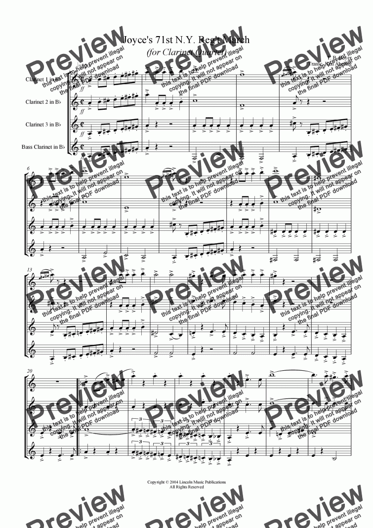 page one of March - Joyce's 71st Regiment (Clarinet Quartet)