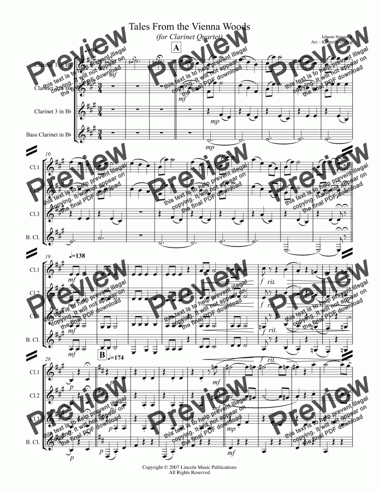 page one of Strauss II - Tales from the Vienna Woods (Clarinet Quartet)