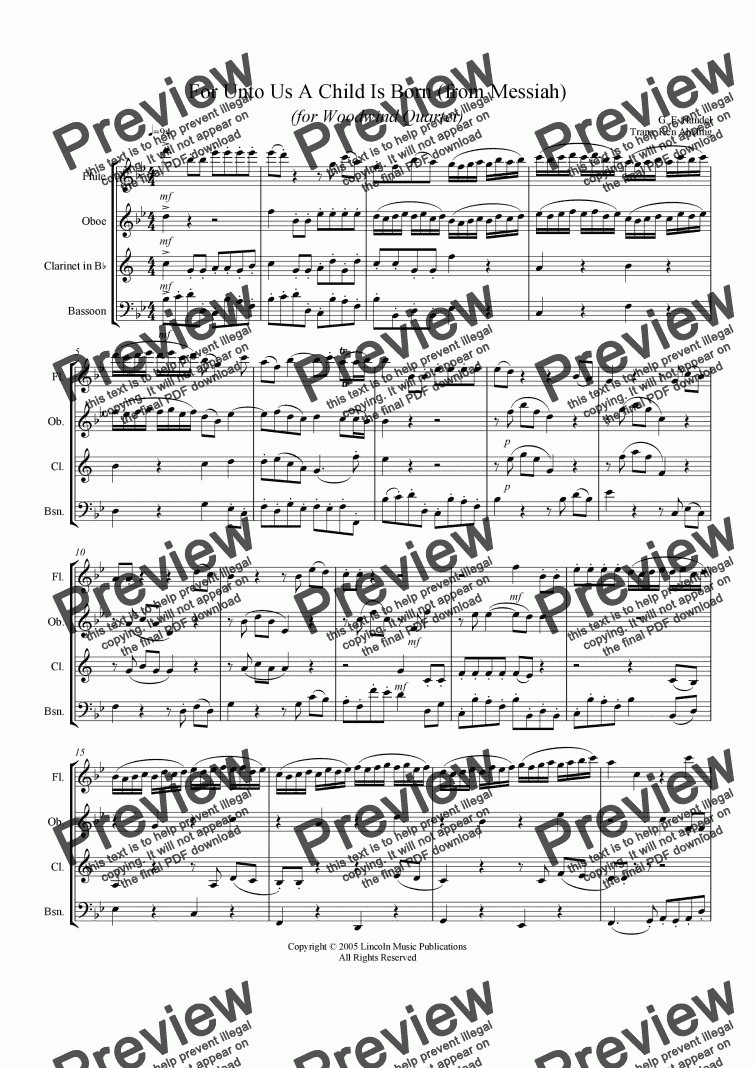 page one of Handel - Messiah - Unto Us a Child is Born (Woodwind Quartet)