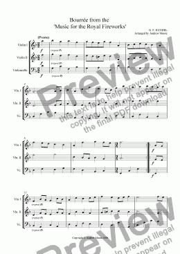 page one of Bourree from the ’Royal Fireworks’ for String Trio