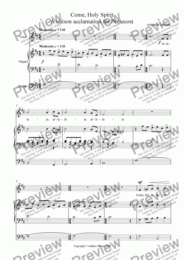 page one of ’Come Holy Spirit’ for unison and organ