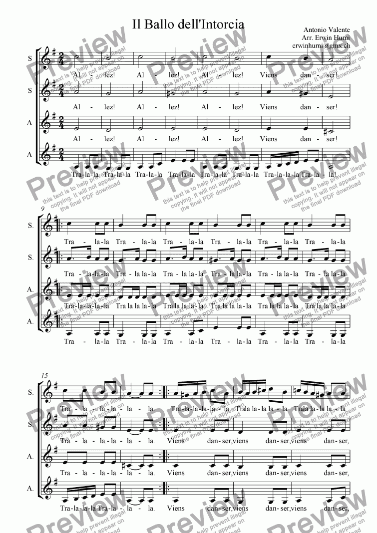 page one of Il Ballo dell'Intorca, by Antonio Valente, for Choir SSAA
