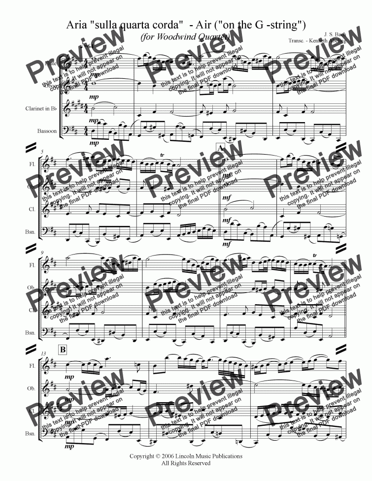 page one of Bach - Aria "sulla quarta corda" - “Air on the G-String" (Woodwind Quartet)