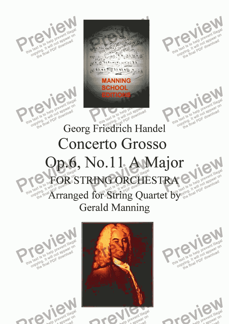 page one of HANDEL, G.F. - Concerto Grosso Op, 6 No.11 in A Major - arr. for String Quartet by Gerald Manning
