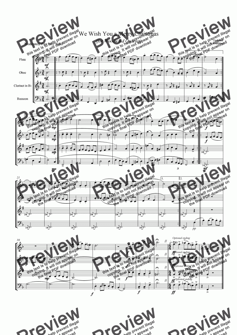 page one of Jazz Christmas Carol - We Wish You A Merry Christmas (Woodwind Quartet)