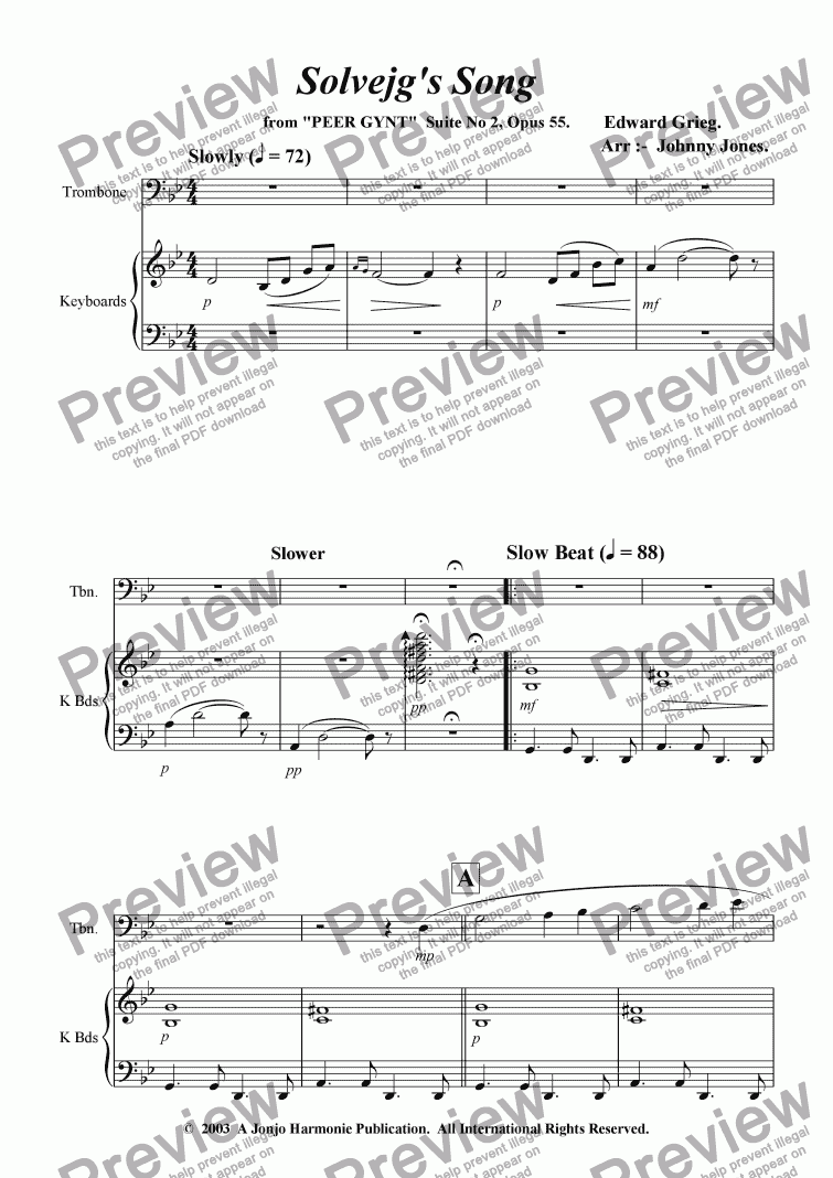 page one of Solveg's Song  (Slow Beat and Jazz Waltz, Trombone and Piano)