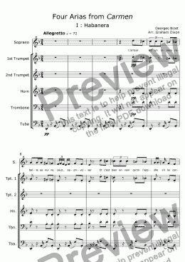 page one of Four Arias from 'Carmen' for Soprano & Brass Quintet