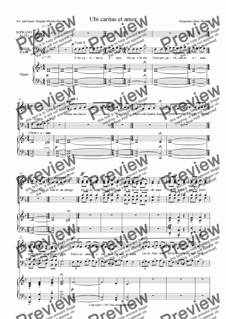 page one of Brooks-Davies: Ubi caritas/ Where charity and love are (Gregorian) SATB choir + organ. Latin and English.