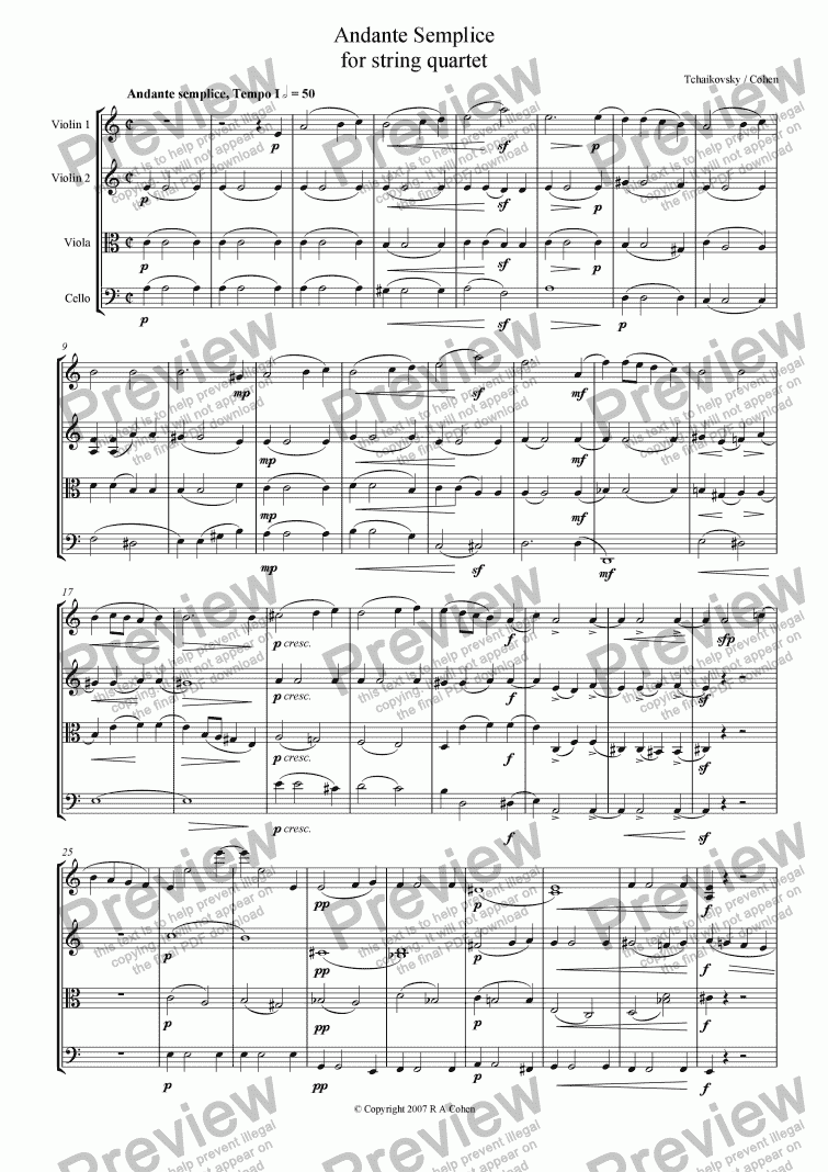 page one of Tchaikovsky/Cohen - ANDANTE SEMPLICE - for string quartet