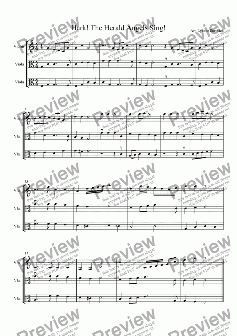 page one of Hark! The Herald Angels Sing!  (violin, viola, viola)