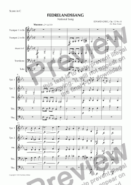 page one of Grieg: Fedrelandssang/National Song (Brass Quintet)