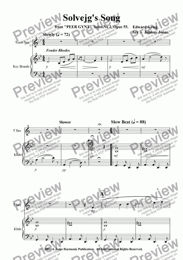 page one of Solveg's Song   (Slow Beat and Jazz Waltz Tenor Sax and Piano)