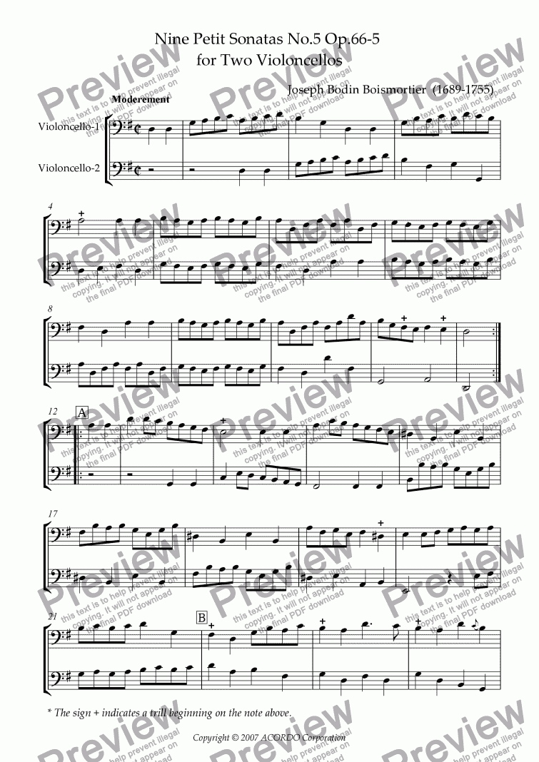 page one of Nine Petit Sonatas No.5 Op.66-5 for Two Violoncellos