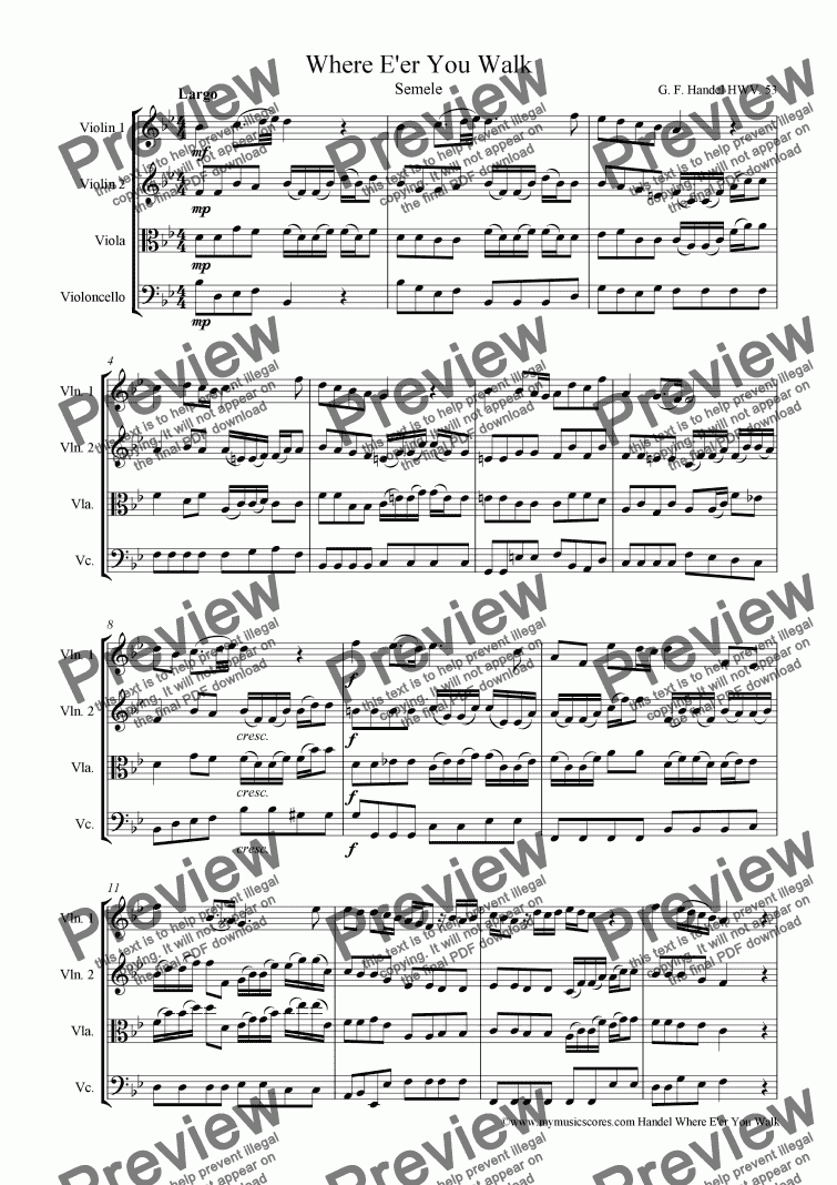 page one of Handel Where E'er You Walk for String Quartet