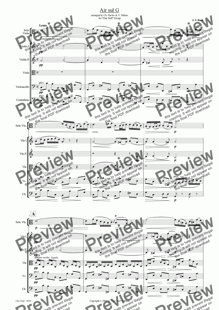 page one of Bach - "Air sul G" for solo viola and string orchestra