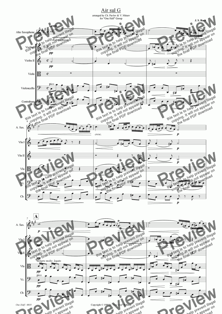 page one of Bach - "Air sul G" for solo alto saxophone and string orchestra