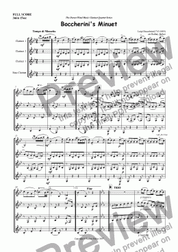 page one of Boccherini's Minuet arr for Clarinet Quartet