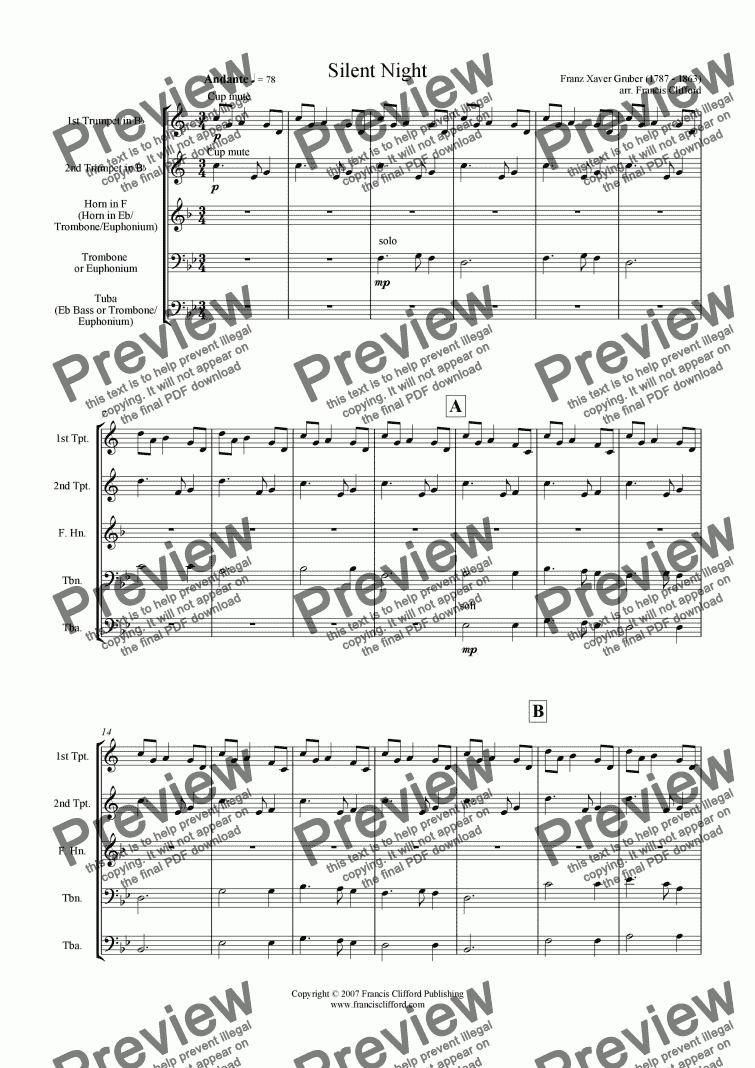 page one of Silent Night (Brass Quintet Version)
