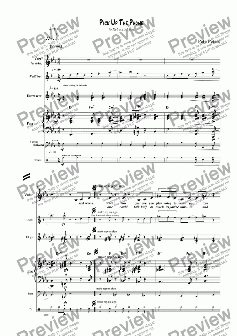 page one of Pick up the Phone. Jazz pop vocal 6tet]