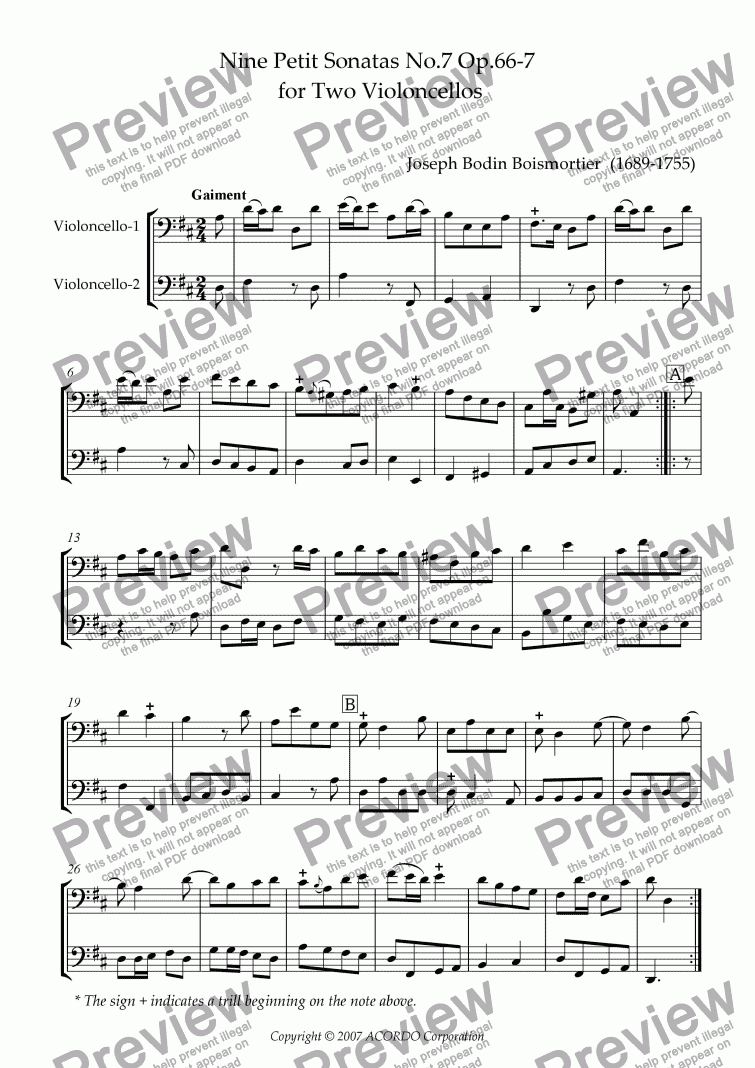 page one of Nine Petit Sonatas No.7 Op.66-7 for Two Violoncellos