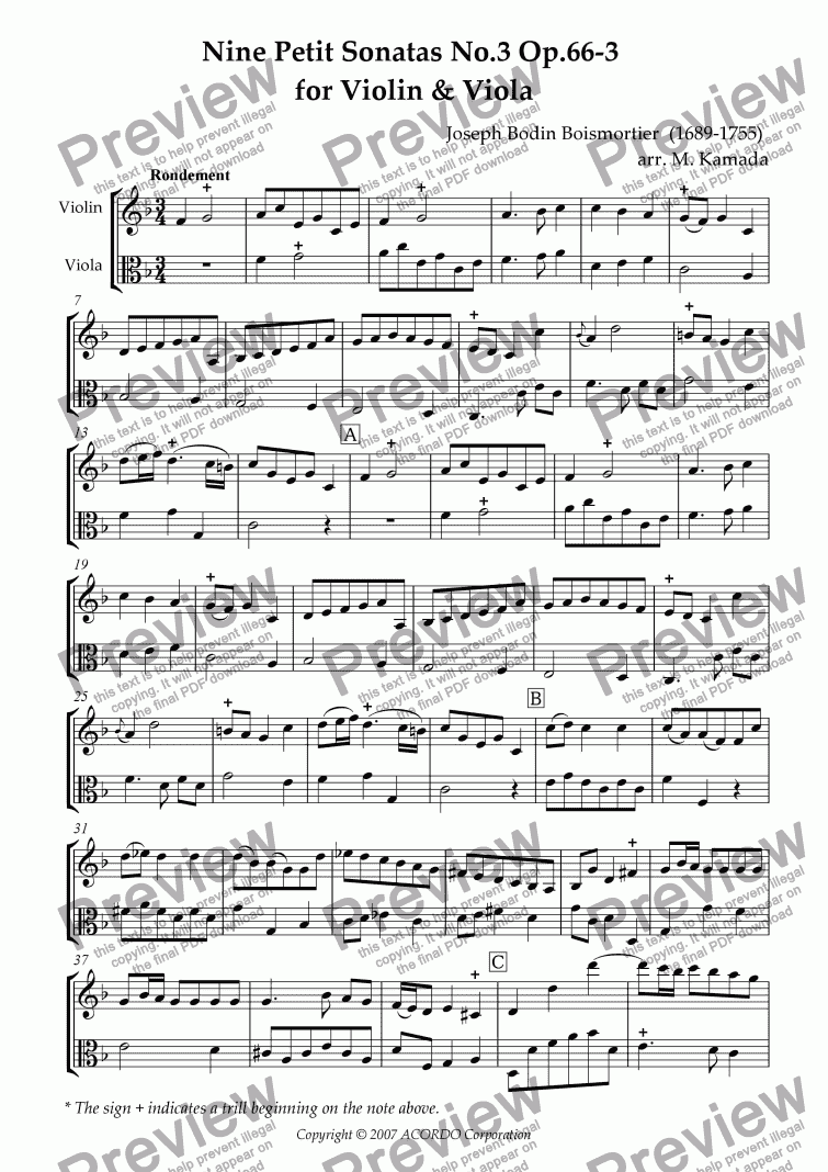 page one of Nine Petit Sonatas No.3 Op.66-3 for Violin & Viola