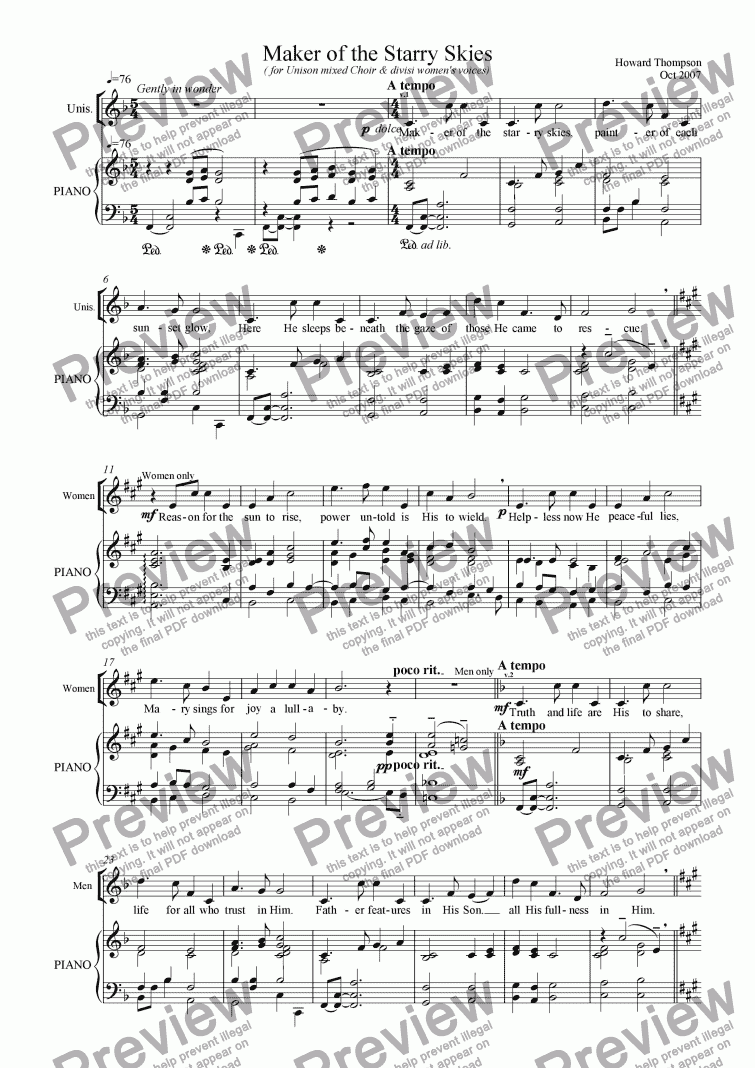 page one of Maker of the Starry Skies (choir version)