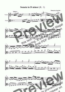 page one of Scarlatti: Sonata K1 in D minor arranged for violin and viola