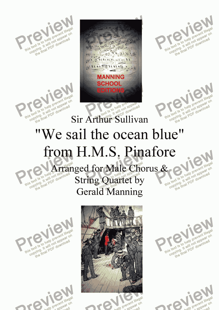 page one of Gilbert &Sullivan - Songs from the Savoy Operas. - "We sail the ocean blue" from H.M.S. Pinafore - arr. for Male Chorus & String Quartet by Gerald Manning