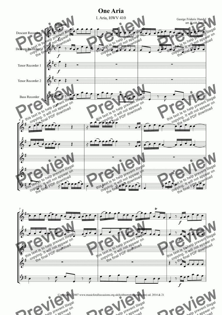 page one of Aria for Recorder Consort (HWV410)