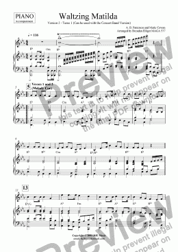 page one of Waltzing Matilda Tune 1 (4 Verse Version) - Piano