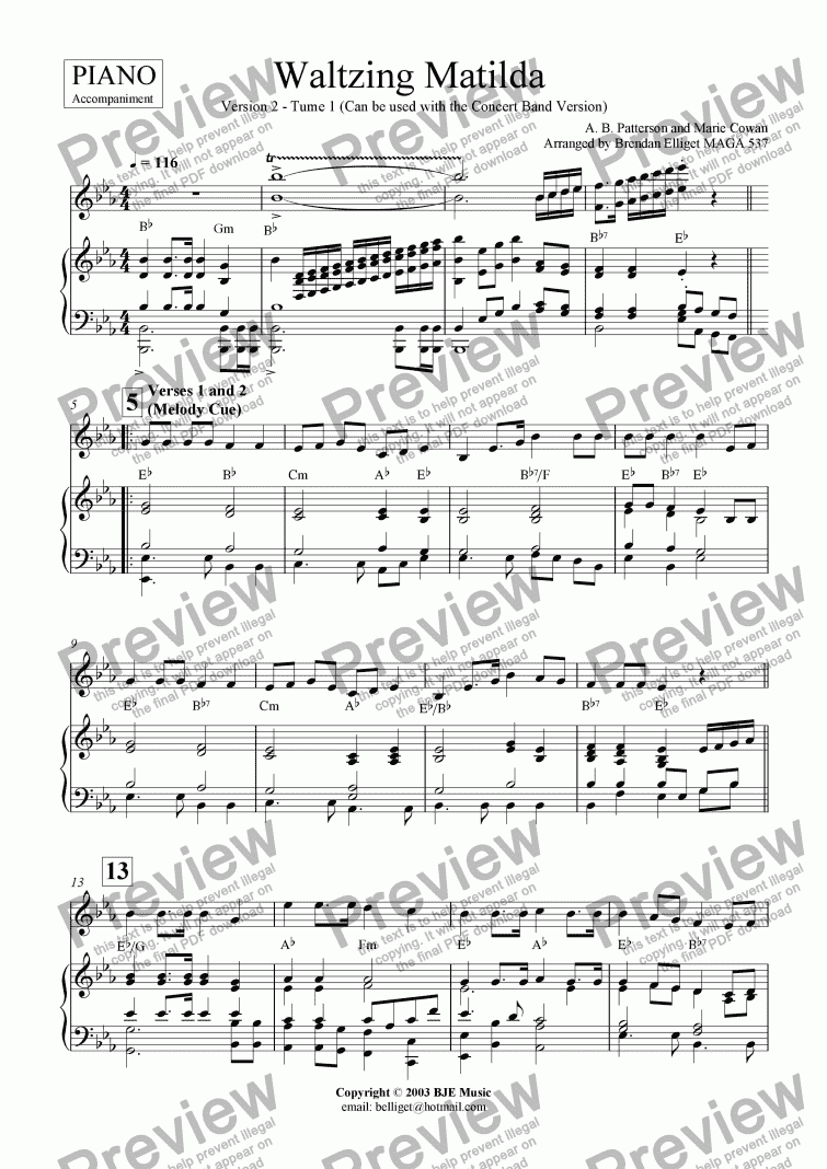 page one of Waltzing Matilda Tune 1 (4 Verse Version) - Piano