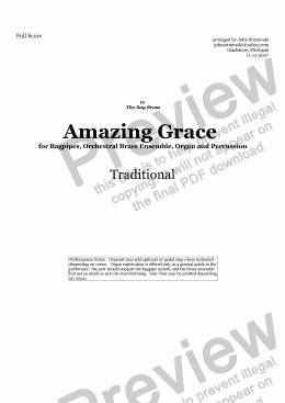 page one of Amazing Grace for Bagpipes, Orchestral Brass, Organ and Percussion