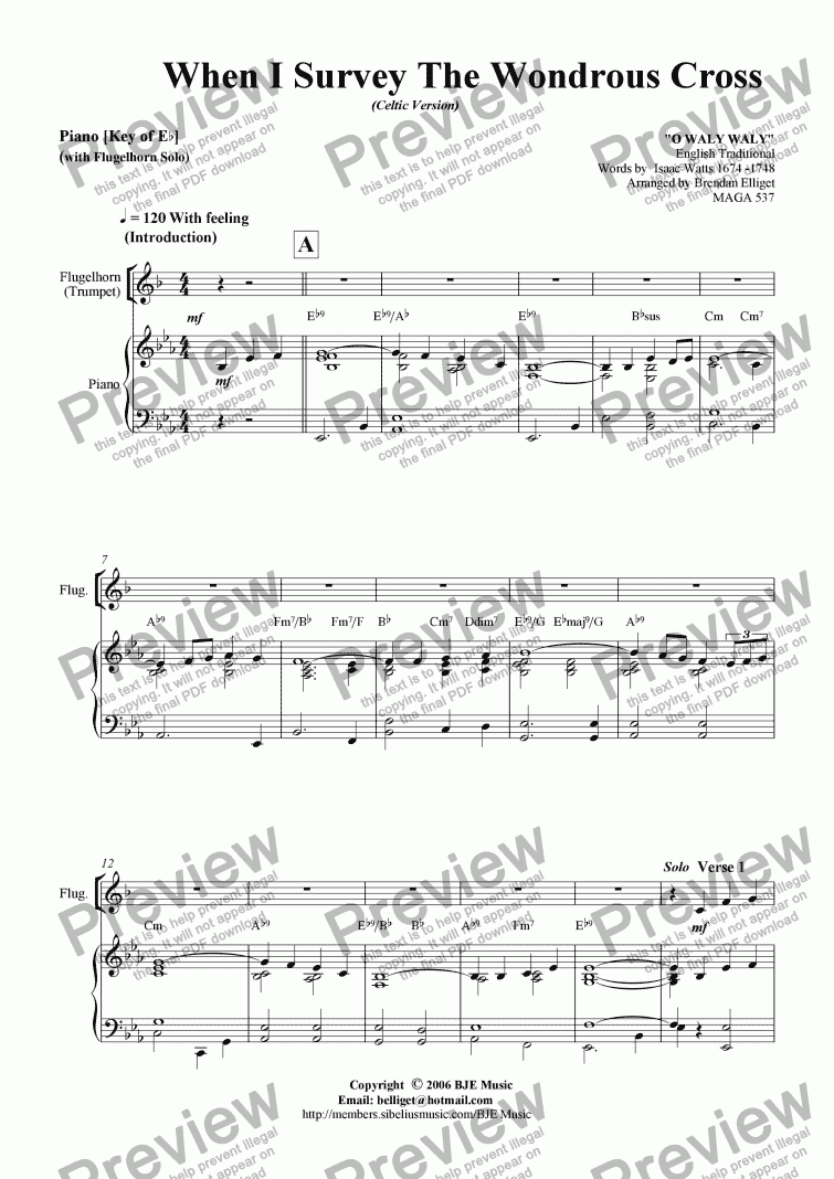 page one of When I Survey The Wondrous Cross (Celtic Version) - Flugelhorn  or Trumpet Solo with Piano