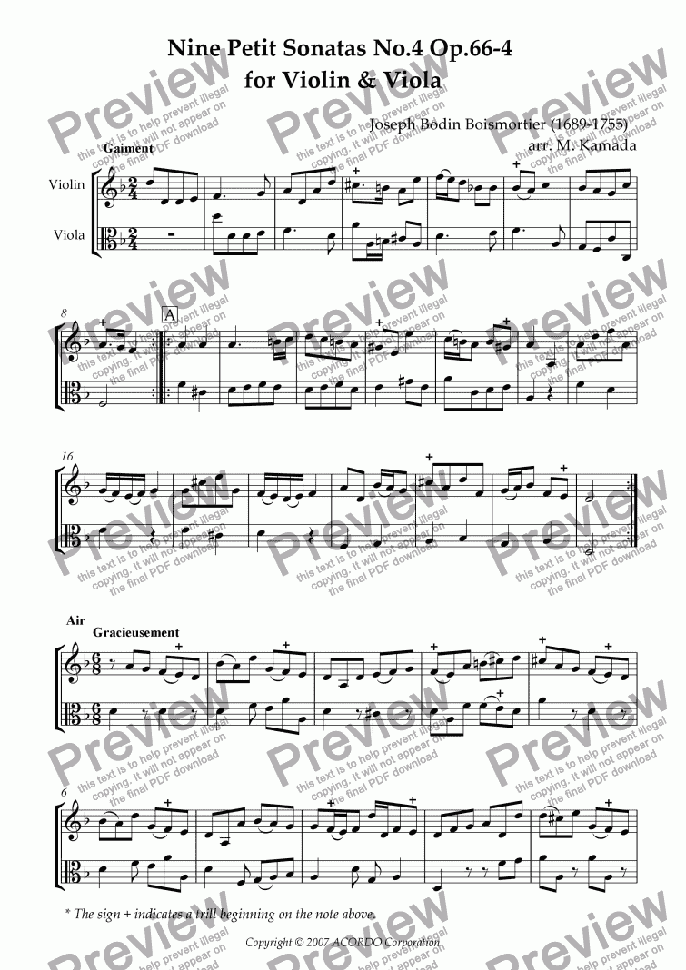 page one of Nine Petit Sonatas No.4 Op.66-4 for Violin & Viola