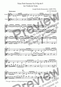 page one of Nine Petit Sonatas No.5 Op.66-5 for Violin & Viola