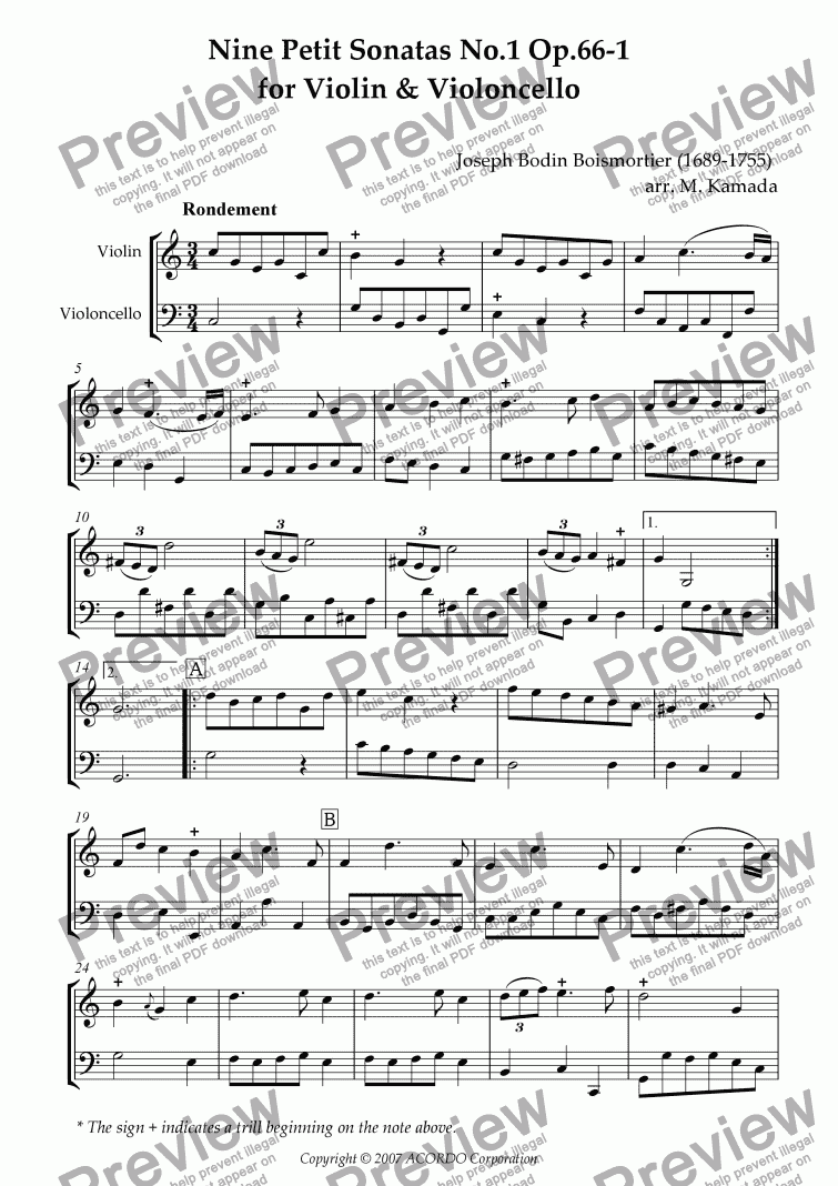 page one of Nine Petit Sonatas No.1 Op.66-1 for Violin & Violoncello