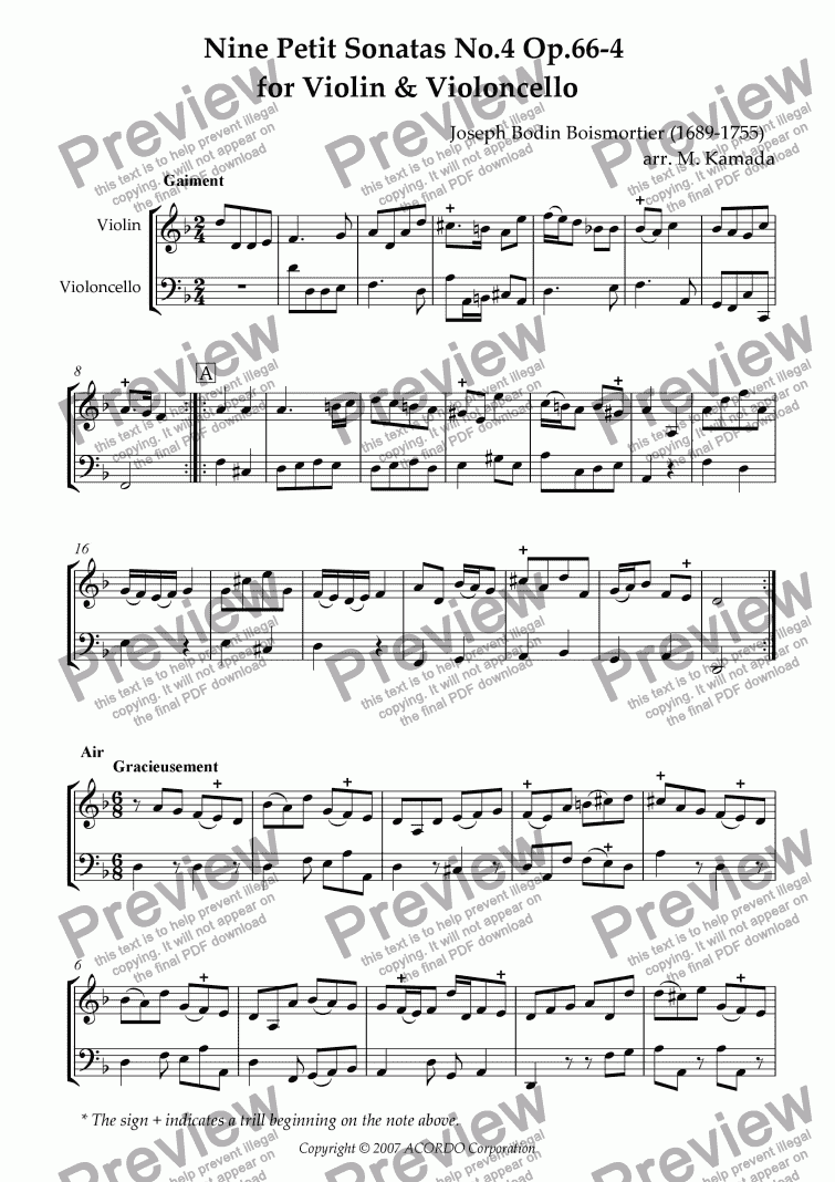 page one of Nine Petit Sonatas No.4 Op.66-4 for Violin & Violoncello