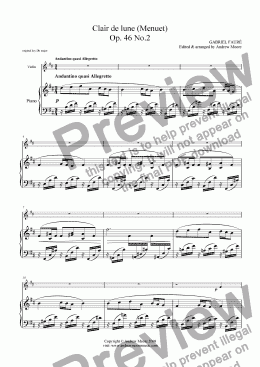 page one of ’Clair de Lune’ arranged for Violin and piano