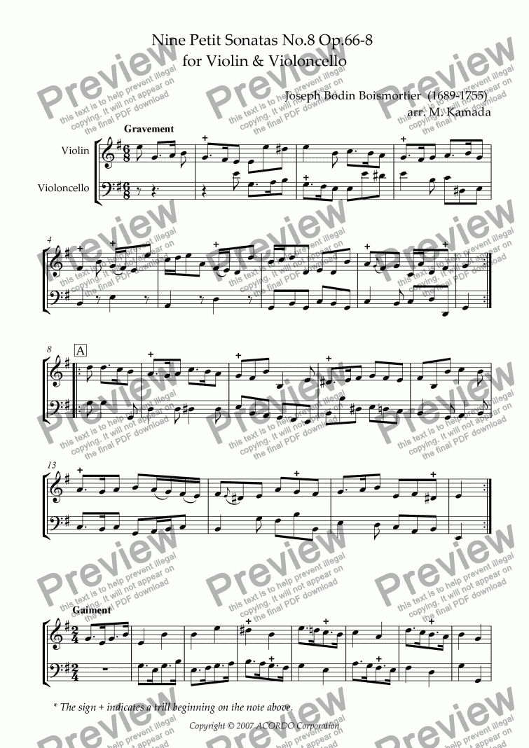 page one of Nine Petit Sonatas No.8 Op.66-8 for Violin & Violoncello