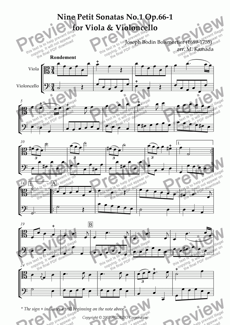 page one of Nine Petit Sonatas No.1 Op.66-1 for Viola & Violoncello