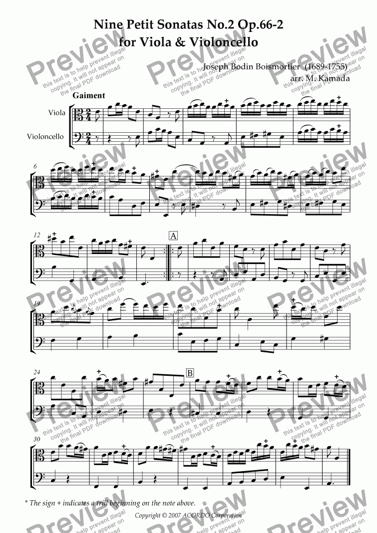 page one of Nine Petit Sonatas No.2 Op.66-2 for Viola & Violoncello