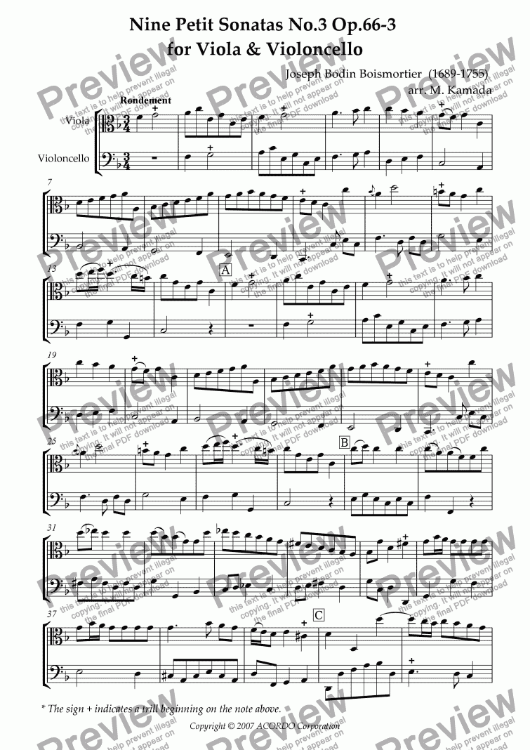 page one of Nine Petit Sonatas No.3 Op.66-3 for Viola & Violoncello