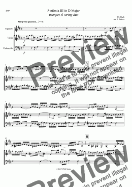 page one of Bach Sinfonia III, D major (trumpet & string duo)
